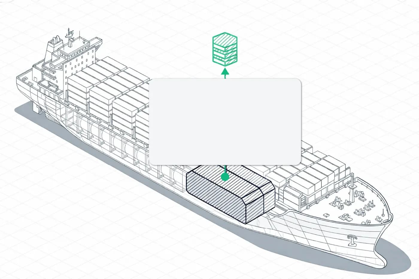Line drawing of a container ship with one hold hatched and an emerald stack of tonnes rising from it.