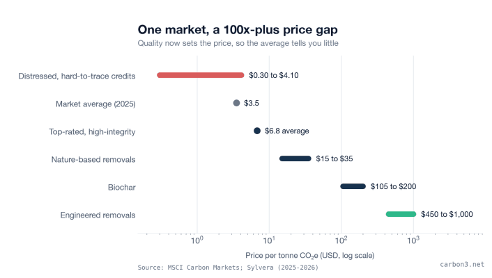Chart 'One market, a 100x-plus price gap': credit prices per tonne on a log scale, from $0.30 to $4.10 for hard-to-trace credits and a $3.50 market average up to $460 to $1,000 for engineered removals.