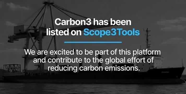 Announcement graphic over a photograph of port cranes: 'Carbon3 has been listed on Scope3Tools'.
