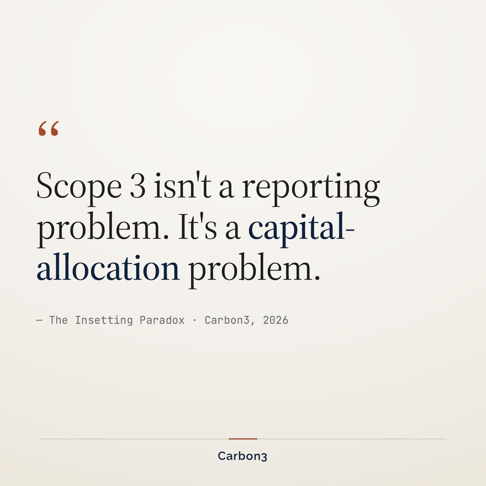 Quote card: 'Scope 3 isn't a reporting problem. It's a capital-allocation problem.' From The Insetting Paradox, Carbon3, 2026.