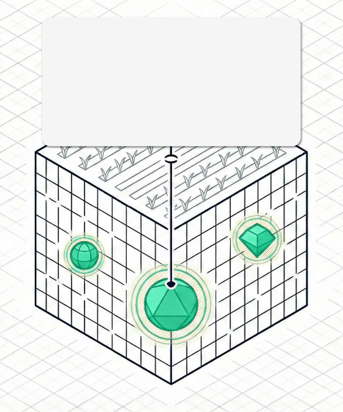 Line drawing of a block of farmland, crops on top and soil below, with three emerald markers in the soil.
