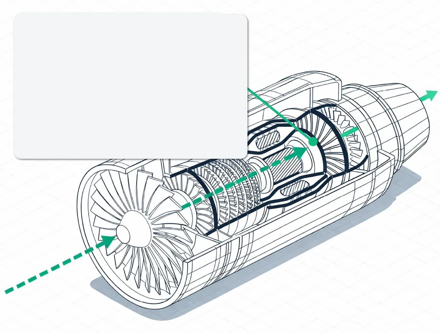 Cut-away line drawing of a jet engine with an emerald dashed flow running through its core.
