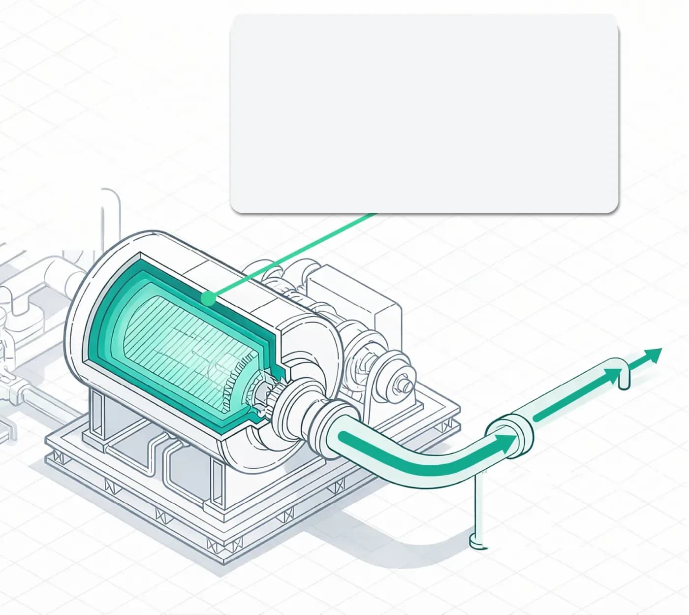 Line drawing of an electrolyzer with an emerald core and an emerald outlet pipe.