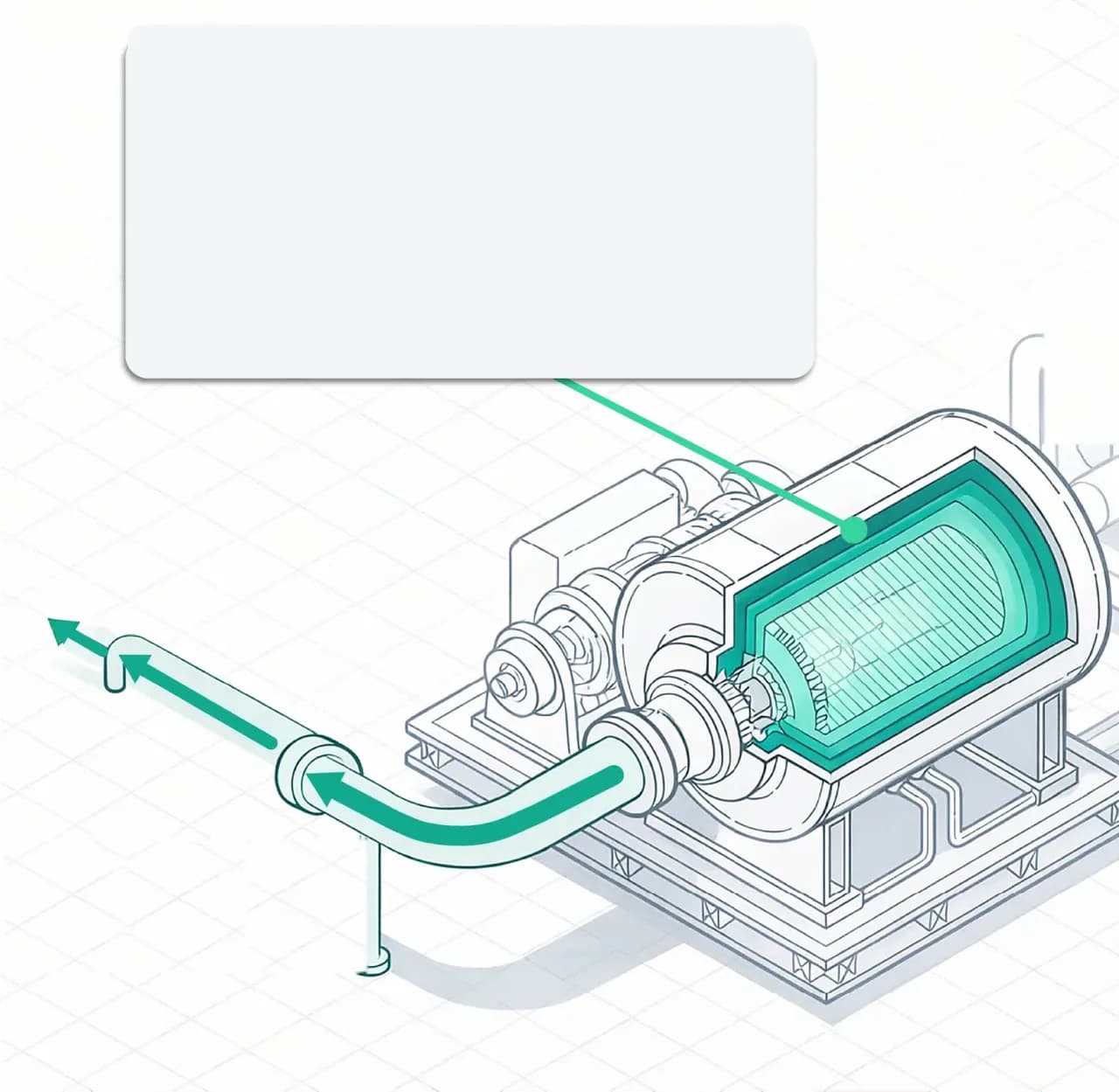 Line drawing of a fuel production unit with an emerald core and an emerald outlet pipe carrying the fuel away.