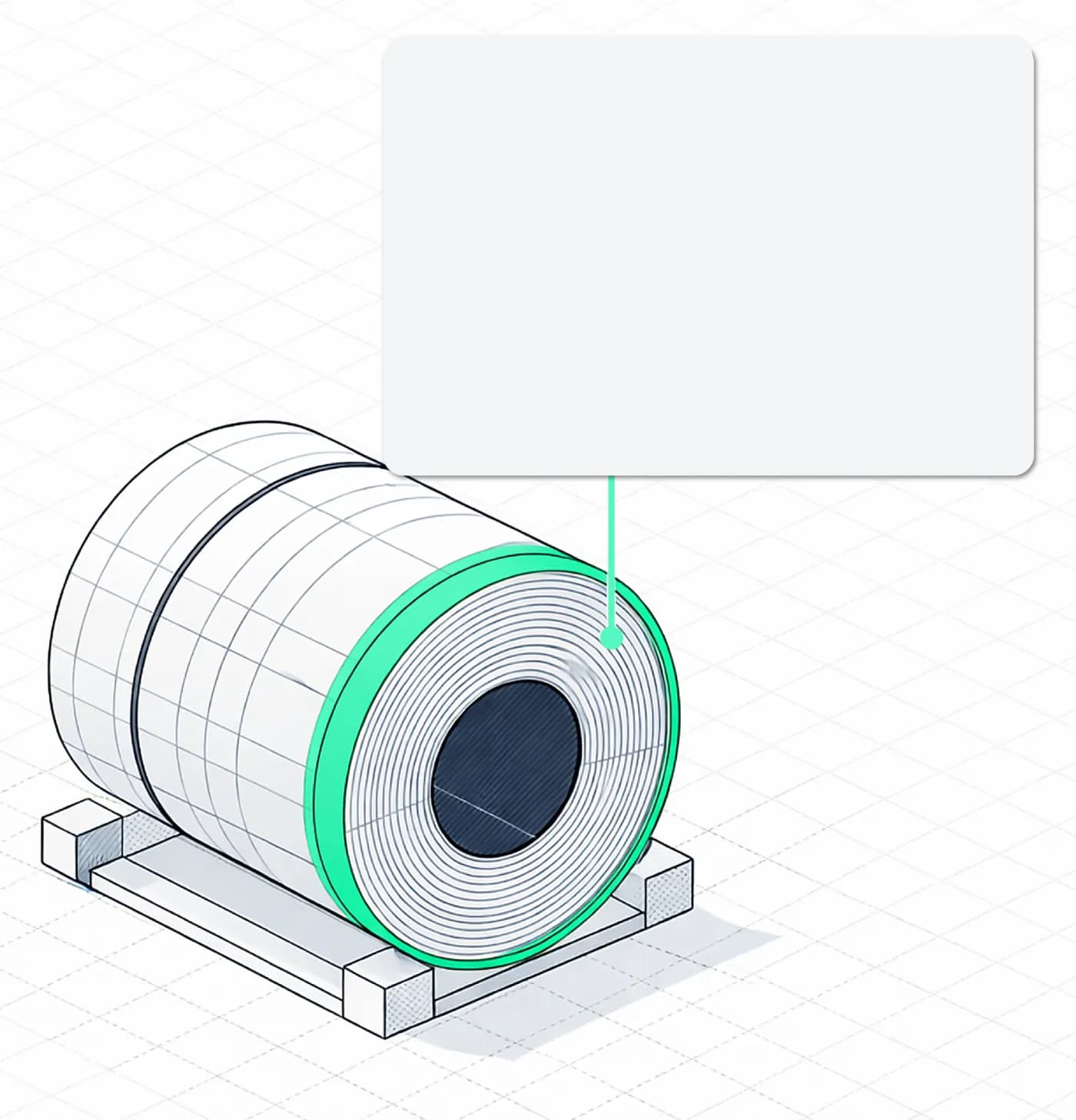 Line drawing of a steel coil on a pallet, with an emerald band around its face.