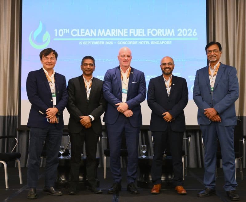 Photograph of five panellists on stage at the 10th Clean Marine Fuel Forum 2026 in Singapore.
