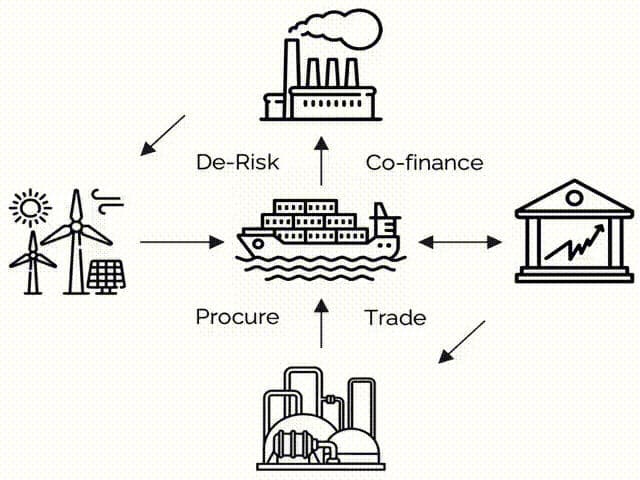 Diagram: a ship at the center of four flows, de-risk, co-finance, procure and trade, connecting energy producers, a bank, fuel plants and industry.