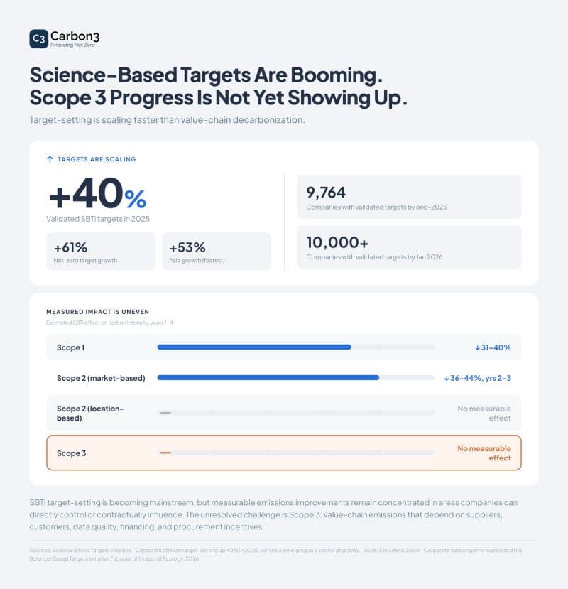 Carbon3 data card 'Science-based targets are booming. Scope 3 progress is not yet showing up', comparing the growth in validated SBTi targets with the measured impact by scope.
