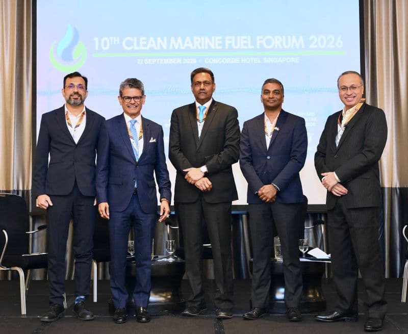 Photograph of five panellists on stage at the 10th Clean Marine Fuel Forum 2026 in Singapore.