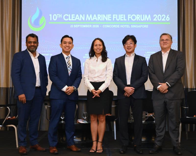 Photograph of five panellists on stage at the 10th Clean Marine Fuel Forum 2026 in Singapore.