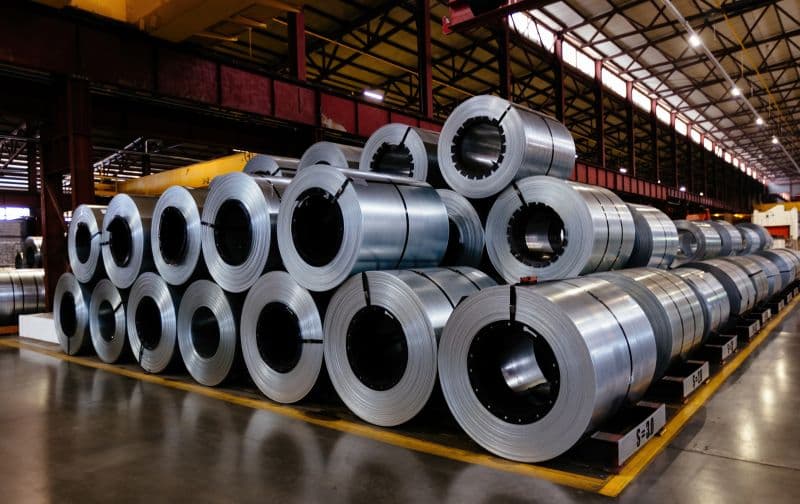 Photograph of coils of steel sheet stacked in a warehouse.